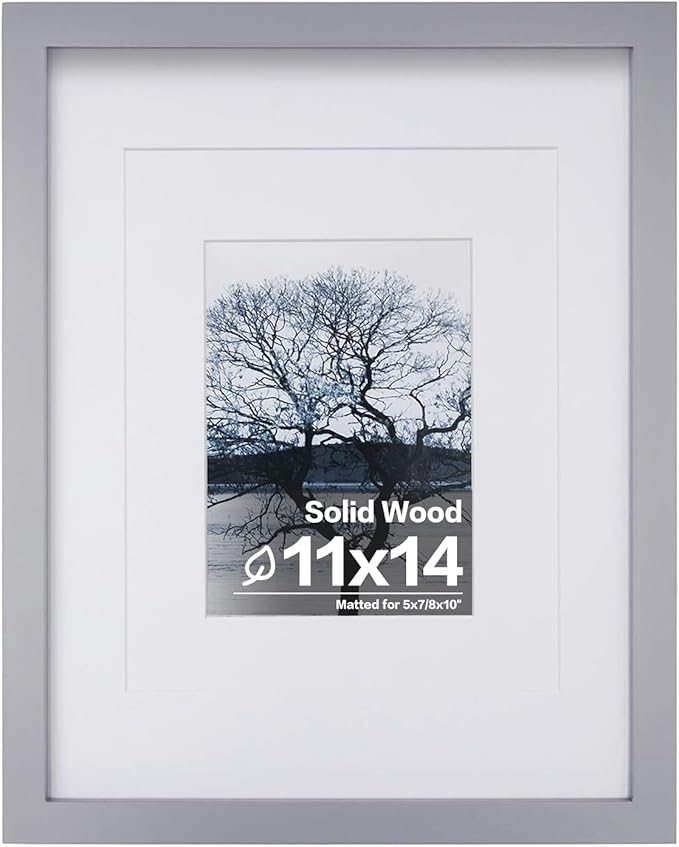 Egofine 11x14 Picture Frame Made of Solid Wood with Plexiglass, Display Pictures 5x7/8x10 with Mat or 11x14 Without Mat, for Table Top Display and Wall Mounting Photo Frame, Light Grey