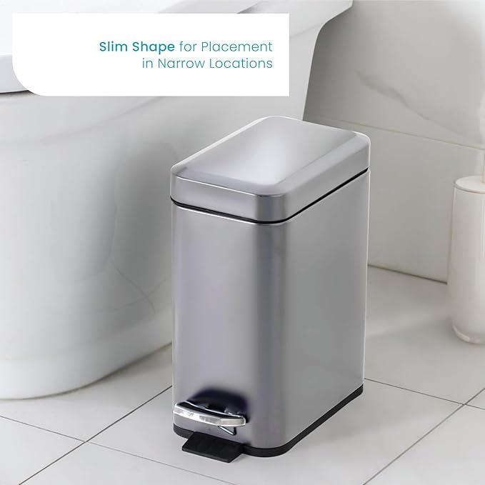Home Zone Living 1.3 Gallon Small Bathroom Trash Can with Lid and Step Pedal, Stainless Steel Wastebasket with Slim Design for Home and Office, Silver, 5 Liters