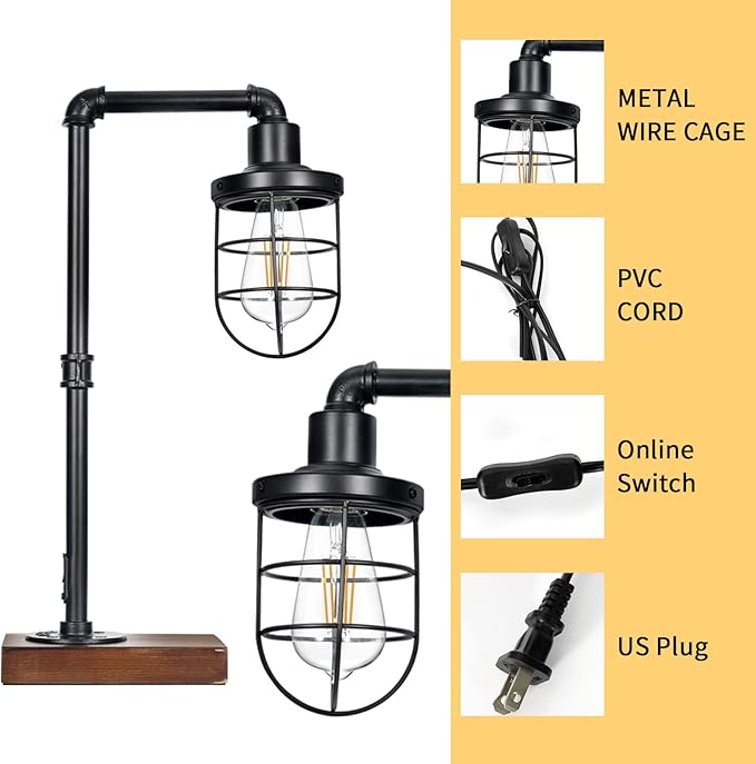 CONCA Steampunk Industrial Lamp, E26 Base Rustic Edison Light with Caged Wood Base and Iron Tube (Black)