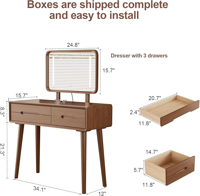 KungFuWood Soild Wood Makeup Vanity Desk with Light Mirror, Dressing Table Wooden 3 LED Lighting Modes Adjustable,3 Drawers Dresser Make up Table Height-Adjustable Mirror, for Bedroom (with Adapter)