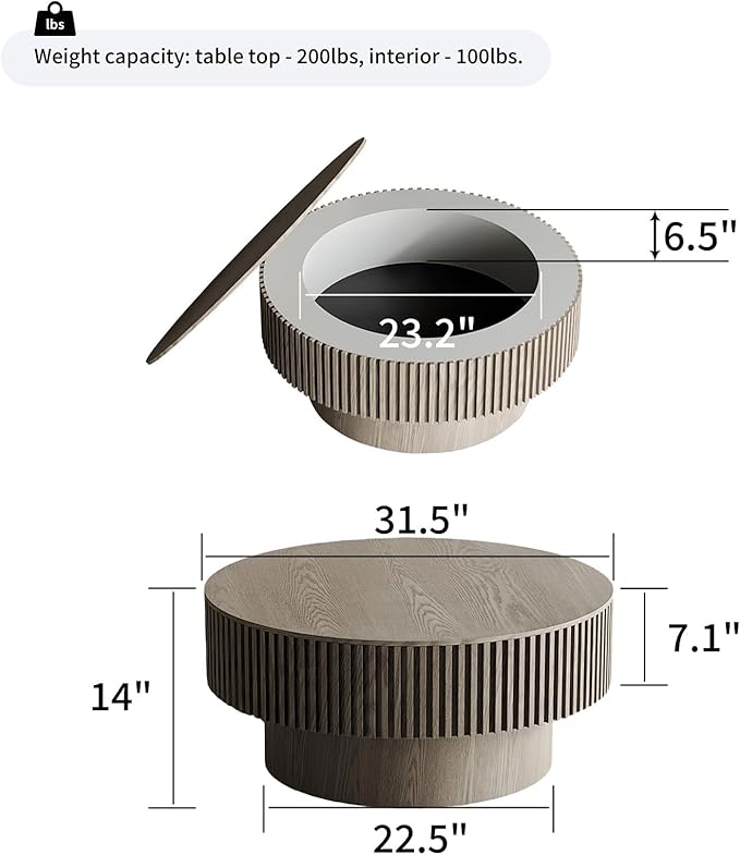 Round Coffee Table for Living Room, Accent Fluted Drum Coffee Table with Storage, Modern Solid Wood Veneered Circle Center Tea Table for Small Space Apartment (31.5''D×14''H-Grey)