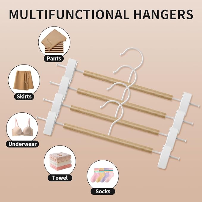 Wooden Pants Hangers with Clips 10 Pack Adjustable Wood Skirt Hangers for Women&Men Space Saving Closet Non Slip Clothes Hanger for Jeans,Trousers,Short,12Inch Natural