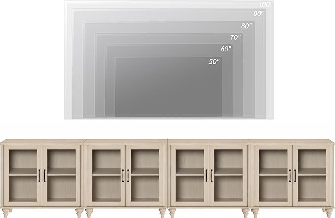 WAMPAT Large TV Stand for TVs up to 100 Inch, Beige Entertainment Center TV Console Table for 85/90/95/110 Inch TV, Accent Buffet Cabinet with Glass Door for Dining Room & Living Room