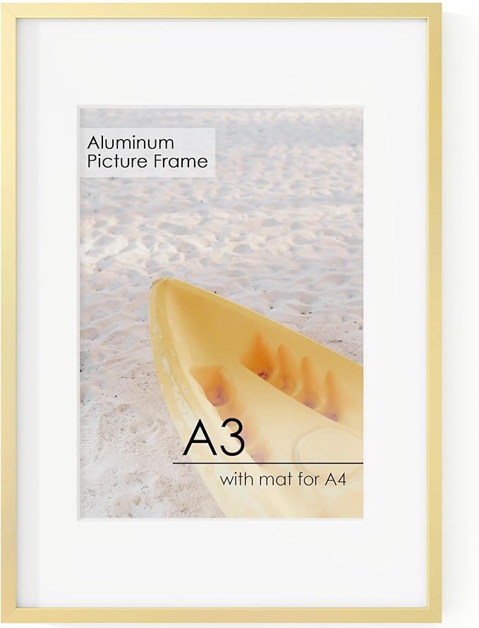 A3 Picture Frame Gold - High-End Metal 11.7 x 16.5 Frame for Wall, Poster Frame, A3 Photo Frame with Mat A4, Aluminum Frame and Real Glass, Wall Kit, Gold