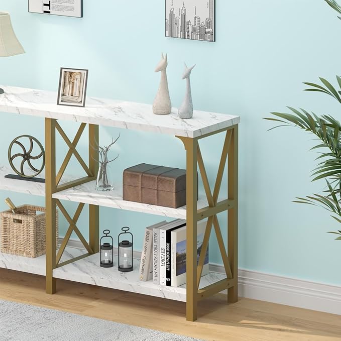 IBF Modern 3 Tier Entryway Table, Industrial Metal Wood TV Console Table with Storage Shelves, Farmhouse White Faux Marble and Gold Sofa Accent Table for Hallway Entry Way Foyer Living Room, 55 Inch