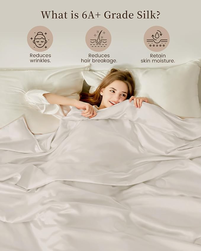 THXSILK Silk Blanket, 100% Mulberry Silk Cooling Throw, Soft and Lightweight Blanket for Bedroom, Sofa, Travel, All-Season (White, Queen)