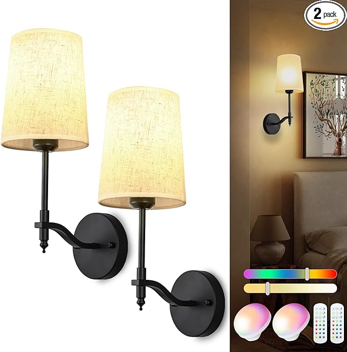 Battery Operated Wall Sconces Set of 2, Black Rechargeable Wall Lights with 15 RGB Dimmable Detachable Bulbs and Remote, Wireless Battery Powered LED Wall Lamp for Living Room Bedroom