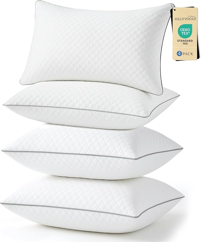 JOLLYVOGUE Pillows Standard Size Set of 4, Hotel Quality Down Alternative Full Size Bed Pillows for Side, Back, and Stomach Sleepers - Oeko-Tex Certified, 4 Pack