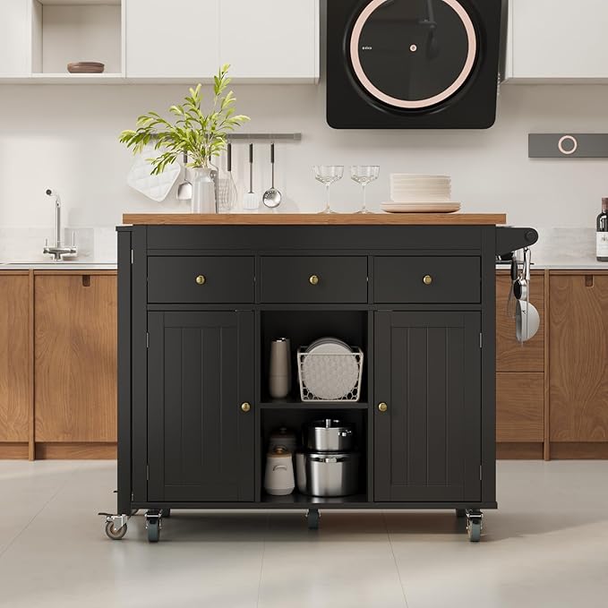 Ahomly Kitchen Island with Extendable Table for 2, 79.06" Extendable Kitchen Island Cart on Wheels with Storage Cabinet & 2 Open Shelves, Island Table for Kitchen with 3 Drawers, Black