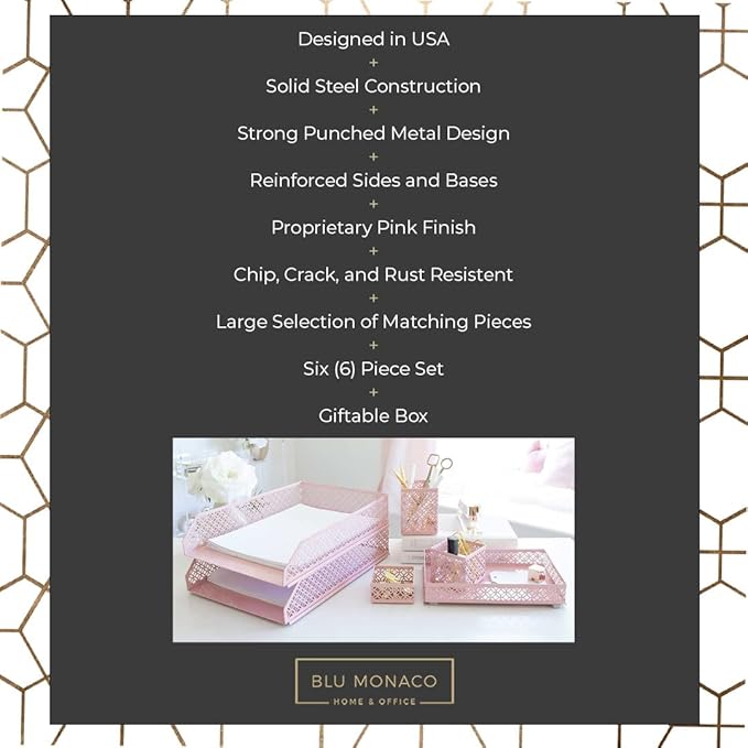 BLU MONACO Pink Desk Organizer Set for Women – 6-Piece Interlocking Office Supplies Set, Pen Cup, 3 Accessory Trays & 2 Letter Trays, Pink Room Decor for Women & Teen Girls