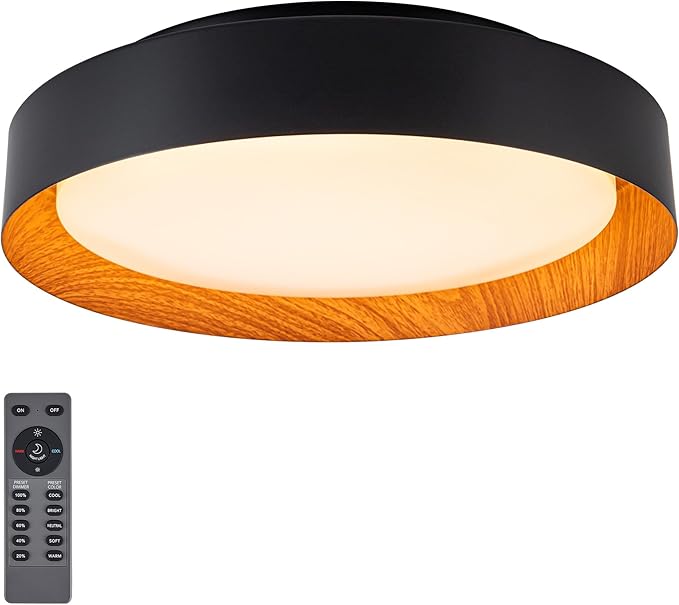 12 Inch LED Flush Mount Ceiling Light with Remote, 18W Flush Mount Light Fixture in Balck and Wood Finish, Dimmable Ceiling Light for Bedroom, Hallway, Entryway, Bathroom, Kitchen