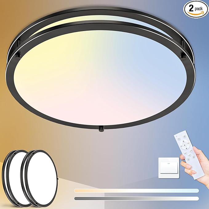 libtit 16Inch Flush Mount Ceiling Lights with Remote, 36W Dimmable LED Ceiling Light 3000K-6500K Adjustable, Large & Bright Black Light Fixture for Kitchen Bedroom LivingRoom -2Pack