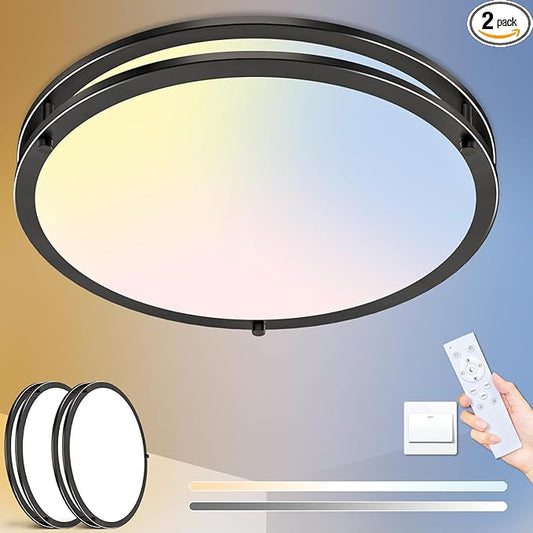 libtit 16Inch Flush Mount Ceiling Lights with Remote, 36W Dimmable LED Ceiling Light 3000K-6500K Adjustable, Large & Bright Black Light Fixture for Kitchen Bedroom LivingRoom -2Pack