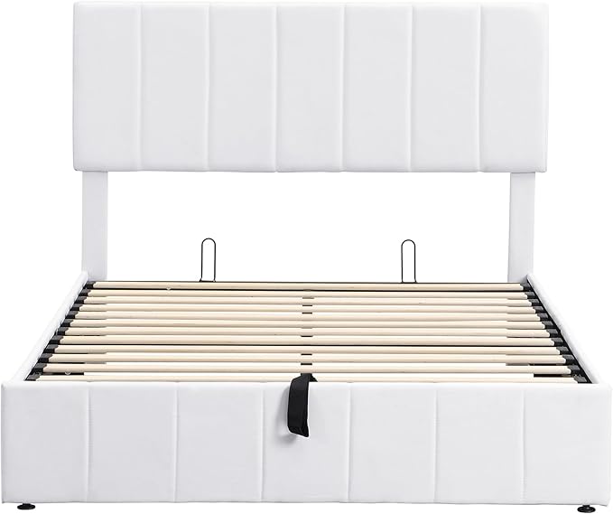 Full Size Bed Frame with Headboard, Elegant Linen Upholstered Platform Bed with a Hydraulic Storage System, Linen Fabric Backrest and Pine Wood Slats, No Box Spring Needed, White