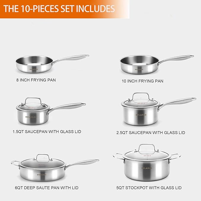 DELARLO Whole body Tri-Ply Stainless Steel Kitchen Cookware Set of 14 With Lid Heats quickly Cookware, Suitable for All Stove Kitchen, Pots and Pans sets