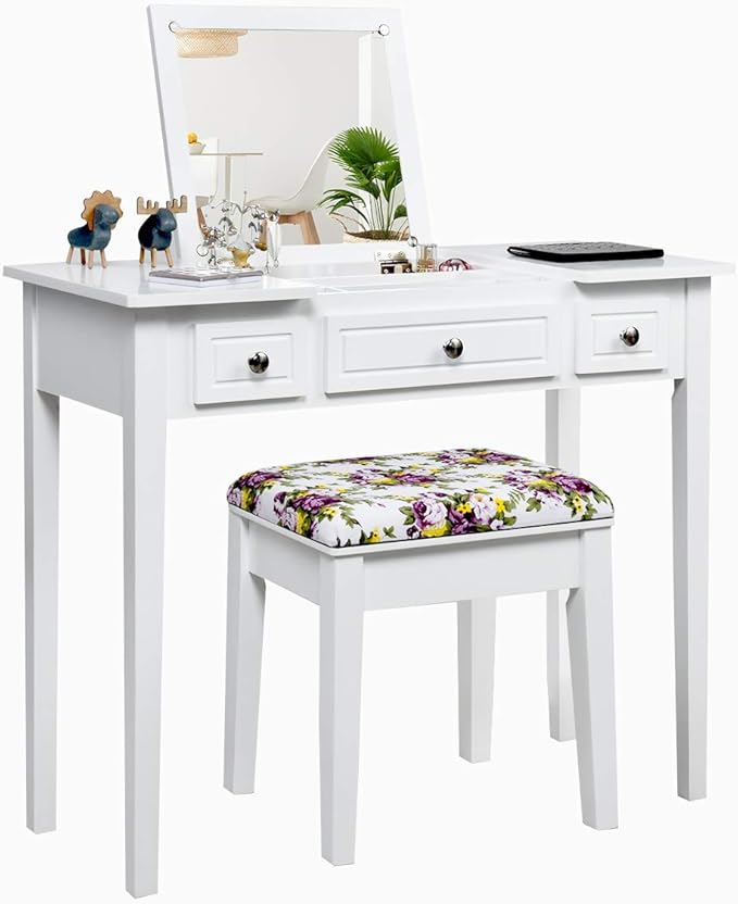 CHARMAID Makeup Vanity Desk with Flip Top Mirror, 3 Drawers, 7 Storage Compartments, White Writing Desk Dressing Table Vanity Set with Cushioned Stool for Kids Girls Women, Easy Assembly
