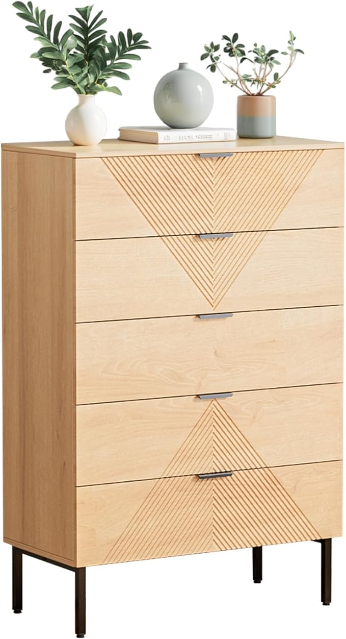 5 Drawer Dresser for Bedroom Set of 2, Fluted Tall Dresser for Closet, Wooden Chest of Drawers for Living Room, Hallway (2, Natural Oak)