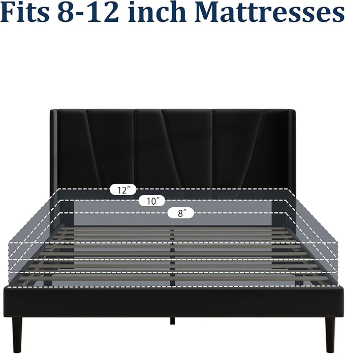 Queen Bed Frame with Headboard and Wingback, Velvet Upholstered Platform Bed, Mattress Foundation with Wooden Slat Support, No Box Spring Needed, Easy Assembly, Noise Free, Black