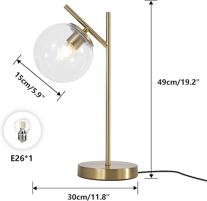 Mid Century Modern Table Lamp Contemporary Metal Brass Bedside Lamps with Clear Glass lampshade Gold Globe Nightstand Lamp for Bedroom Living Room Study Room