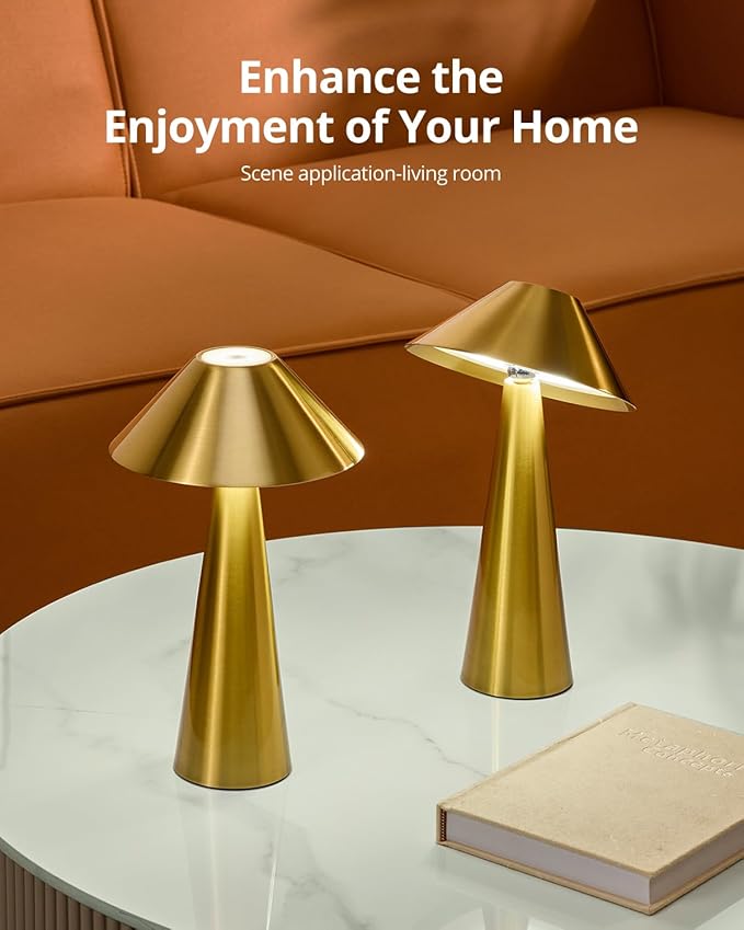 Bojim 2 Pack Rechargeable Cordless Table Lamp, Gold LED Battery Operated Wireless Table Lights, Touch for Color Changing Dimmable, IP54 Waterproof for Restaurant, Dining, Outdoor, Patio, Outside
