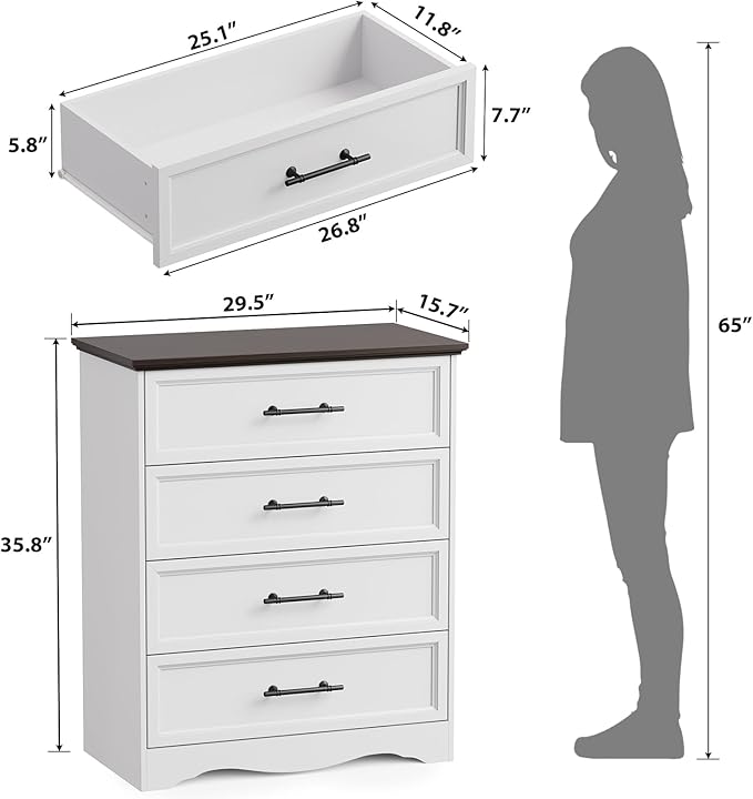 White Dresser for Bedroom, Modern 36" Tall 4 Chest of Drawers, Wide Chest of Drawers w/Brushed Metal Handle, Wood Closet Organizers and Storage Cabinet for Bedroom, Living Room, Hallway