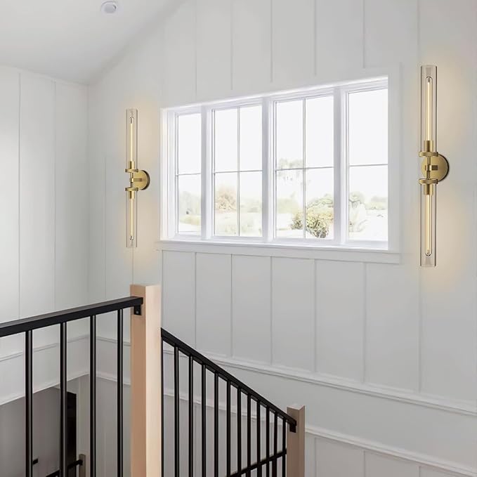 30" Bathroom Wall Sconce, Brass Wall Sconces Hardwired, Gold Wall Sconce Dimmable, Knurled Linear Sconces Wall Lighting with Glass Tube, Vanity Light for Bathroom, Living Room, Bedroom