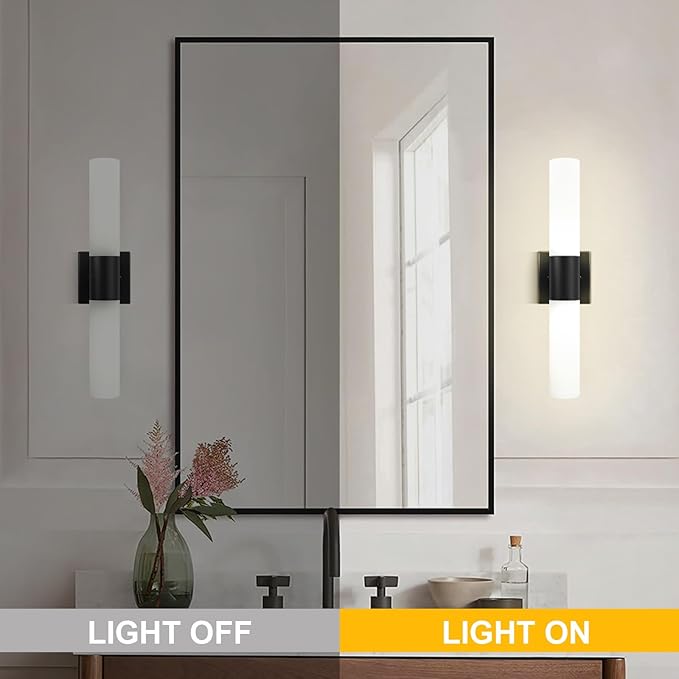 Bathroom Wall Sconces Set of Two, 21 Inch Modern Vanity Lights with Frosted Glass Shade, Bathrooms Vanity Lighting Fixtures for Mirror Bedroom Living Room Hallway (Black)