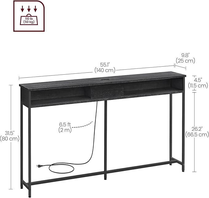 VASAGLE 55.1-Inch Console Table with Outlet and Shelves, Sofa Table with Charging Station, Behind Couch Table Skinny, Entryway Table for Hallway, Living Room, Charcoal Gray and Ink Black ULNT120B22