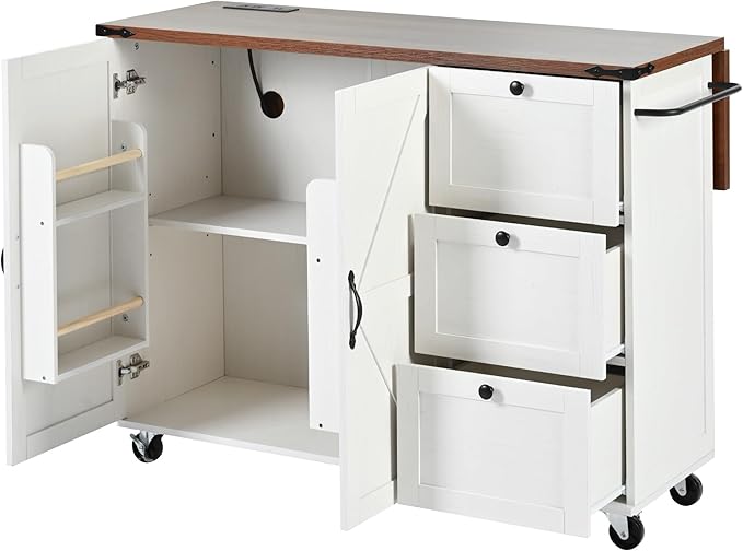 Merax 54.5" Wood Kitchen Cart Island on Wheels with Power Outlet,Drop Leaf and 3 Side Drawers,Farmhouse Style Storage Cabinet for Dining Room