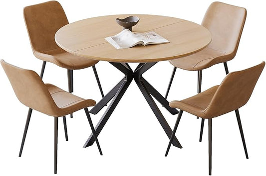 46.4" Round Dining Table Set with 4 Chairs, Modern Dining Set with Comfortable PU Leather Chairs, Sturdy MDF Table with X-Shaped Base, Easy Assembly, Ideal for Dining Room or Kitchen