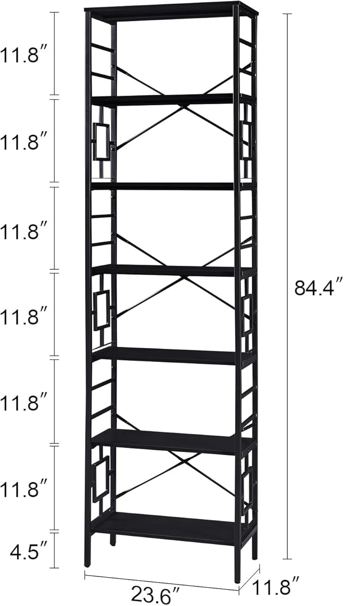 HOMISSUE Tall Bookshelf, 84 Inch Industrial Bookshelf with Metal Frame and Open Shelves, 7 Tier Metal Bookshelves and Bookcases, Rustic Tall Book Shelf for Office, Living Room and Bedroom, Black