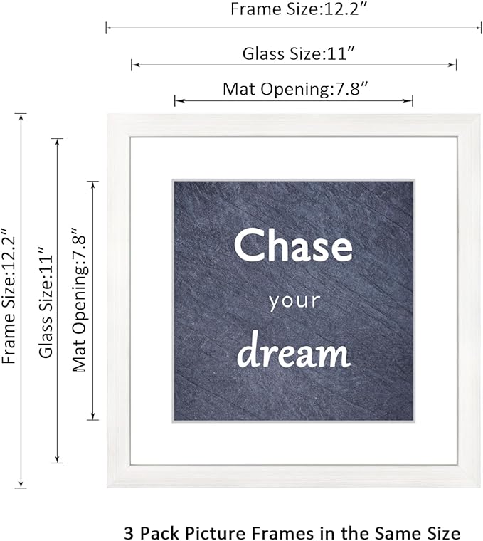 11x11 Picture Frame Set of 3 with Real Glass for Pictures 8x8 with Mat or 11x11 Without Mat, Wall Gallery or Tabletop display Photo Frames in White