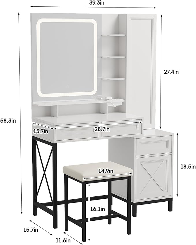 Maupvit Vanity Desk with HD LED Mirror,White Vanity with Large Jewelry Cabinet,Lots Storage Shelves,3 Drawers & Cabinets,Makeup Desk with Charging Station,3 Lighting Modes, Brightness Adjustable