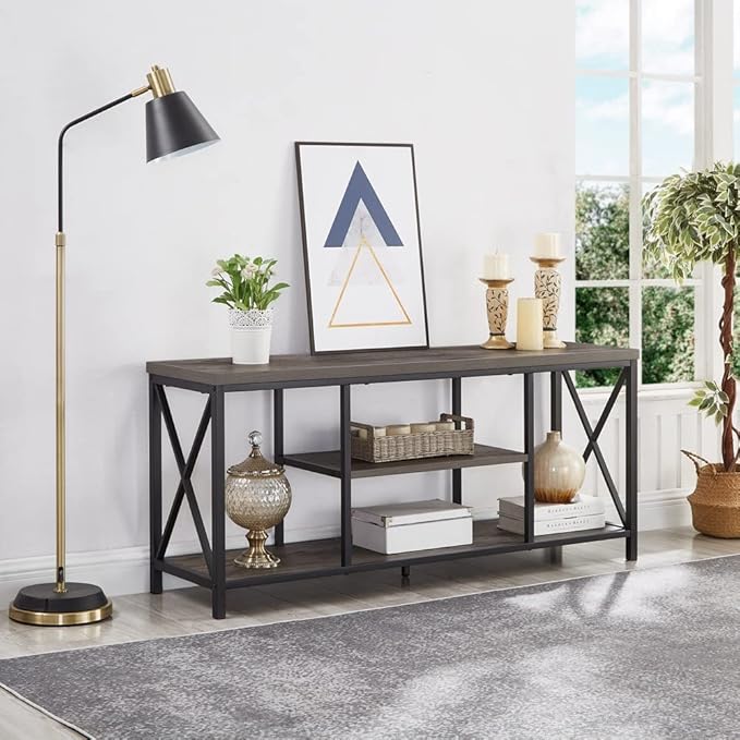 EXCEFUR 55 inch TV Stand for TV up to 65 inch, Rustic Wood and Metal Media TV Console Table for Living Room, Grey