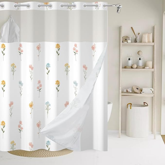 No Hook Shower Curtain with Snap in Liner, Wildflower Little Floral Heavy Duty See Through Window Waterproof Machine Washable Bathroom Curtain 71" W x 74" L (Pack of 1)