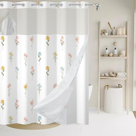 No Hook Shower Curtain with Snap in Liner, Wildflower Little Floral Heavy Duty See Through Window Waterproof Machine Washable Bathroom Curtain 71" W x 74" L (Pack of 1)