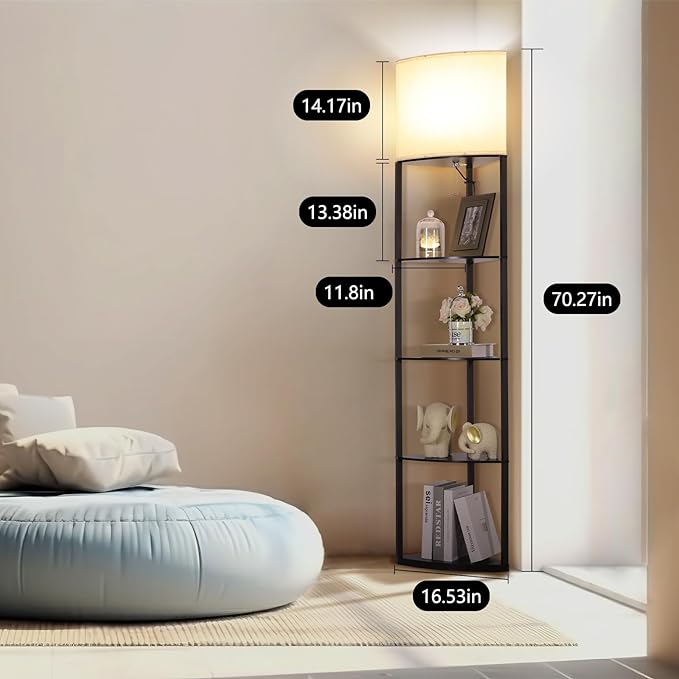 Floor Lamp with Shelves, Sector Corner Shelf Lamp with 3 Color Temperature Bulb, with Linen Lampshade Bookshelf Corner Display Lamp for Living Room, Bedroom and Office(Black)