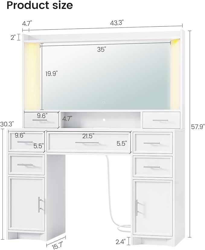 AOGLLATI Vanity Desk with Mirror and Lights, Makeup Vanity Desk with Lights, Large Mirror with Charging Station and 3 Color Lightbox, White Vanity Table with 7 Drawers for Bedroom, White