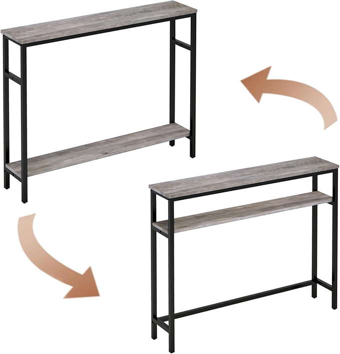 Narrow Console Table, 39.4” Sofa Table with Adjustable Shelf, 2-Tier Long Skinny Table for Hallway, Entryway, Living Room, Foyer, Grey