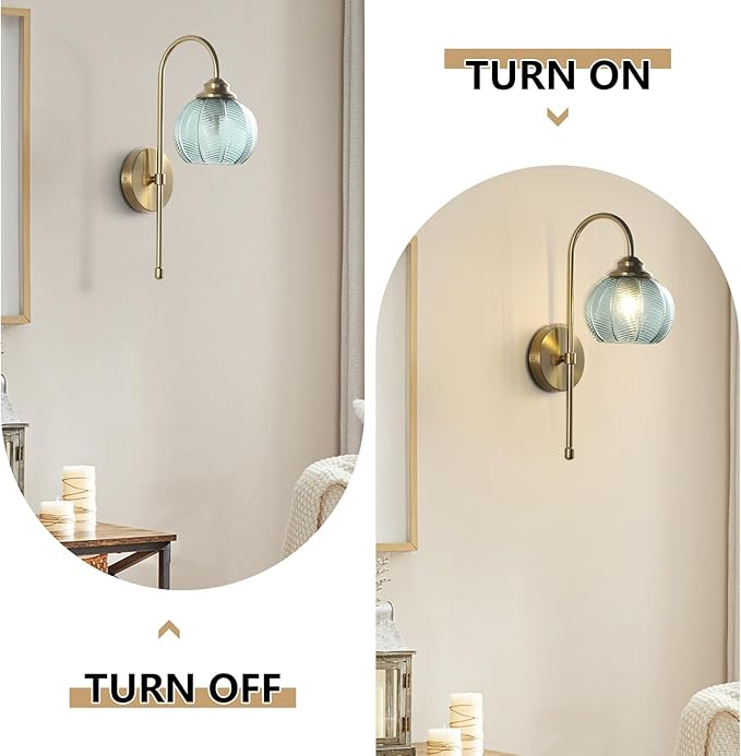 KCO Lighting Brushed Gold Wall Sconce Light Vintage Green Glass Wall Sconce Set of 2 Unique Bathroom Wall Sconces Set of Two Modern Globe Sconces Wall Lighting Stair Corner Wall Lamp