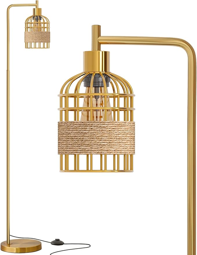 Oneach 66" Gold Floor Lamp for Living Room, Industrial Floor Lamp with LED Buld, Rattan Shade, Foot Switch, Minimalist Farmhouse Tall Standing Lamp for Bedroom, Office, Study Room