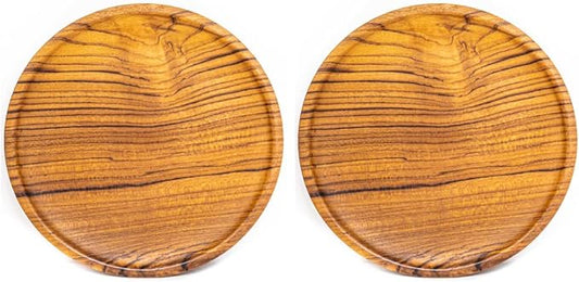 Rainforest Bowls Set of 2 8" Round Javanese Teak Wood Plates- Perfect for Everyday Use- Hot & Cold Friendly, Ultra-Durable, Premium Wooden Plates- Handcrafted by Indonesian Artisans