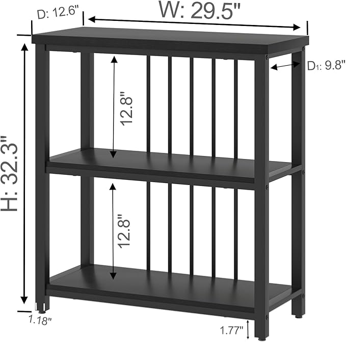 FOLUBAN Bookshelf, Modern 3 Tier Bookcase, Wood and Metal Book Shelves for Living Room Office Bedroom, Rustic Black Oak