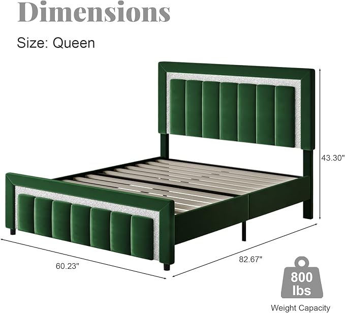 HOMBCK Bed Frame Queen Size with Upholstered Headboard and Footboard, Velvet Queen Bed Frames with Diamond Design, No Box Spring Required, Easy Assembly, Green