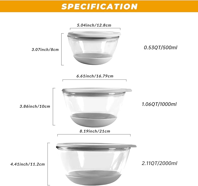 Glass Mixing Bowls HEAVY DUTY Top Choice for High-end Kitchens Extra-thick Glass Mixing Bowl Set of 3 with BPA-Free Airtight Lids Large Nesting Bowls with Non-Slip Silicone Base Well-made