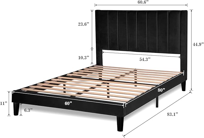 Allewie Queen Bed Frame/Velvet Upholstered Bed Frame with Vertical Channel Tufted Headboard/Strong Wooden Slats/Platform Bed Frame/Mattress Foundation/Box Spring Optional/Easy Assembly/Black
