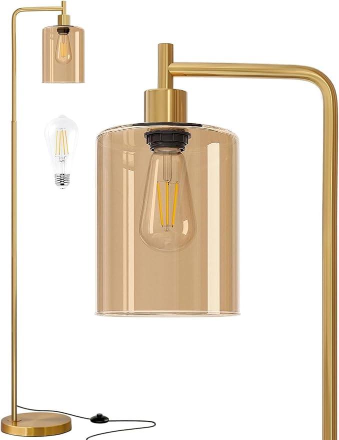 Oneach 66.5'' Floor Lamps for Living Room with Glass lampshade, Modern Gold Floor Lamp with Bulb, Industrial Standing lamp for beroom, Tall Pole Lamps Office (Bulb Included)
