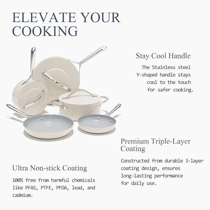 Cookware Set Nonstick Ceramic Pots & Pans Set 8-Piece PFAS-Free Non-Toxic Even Heat Distribution, Fry Pans, Sauté Pan, Saucepan, Stockpot w/Lid for All Stovetops Oven Safe to 500°F, Cream