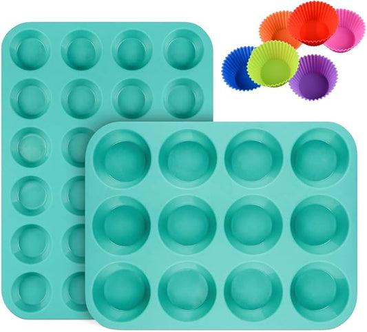 CAKETIME Silicone Muffin Pan Cupcake Pan Set - Mini 24 Cups and Regular 12 Cups Muffin Tin, Nonstick Food Grade Molds with 12 Baking Cups