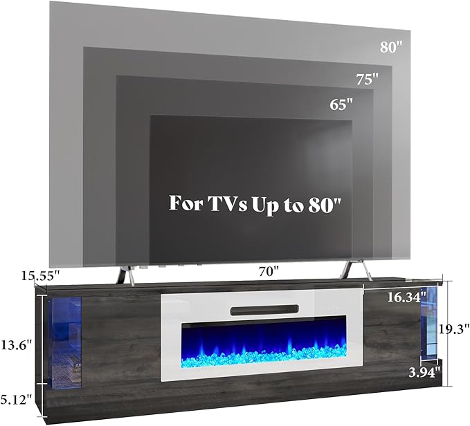 AMERLIFE 70" Glossy Oak Fireplace TV Stand with 36" Fireplace for TVs up to 80", LED Lights Entertainment Center with Flip Doors & Corner Glass, Modern TV Console Table, Living Room, Black&White